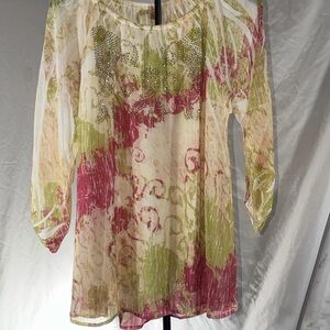 Reba Floral Sheer lined Women's Top with rhinestones Size Medium